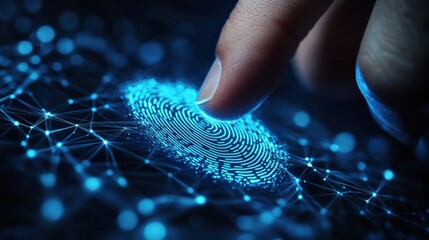 Businessman finger on creative blue finger print button with connections on black background. ID and password concept. Multiexposure.