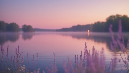 Fototapeta premium Serene twilight over a calm lake with wildflowers in the foreground at dusk