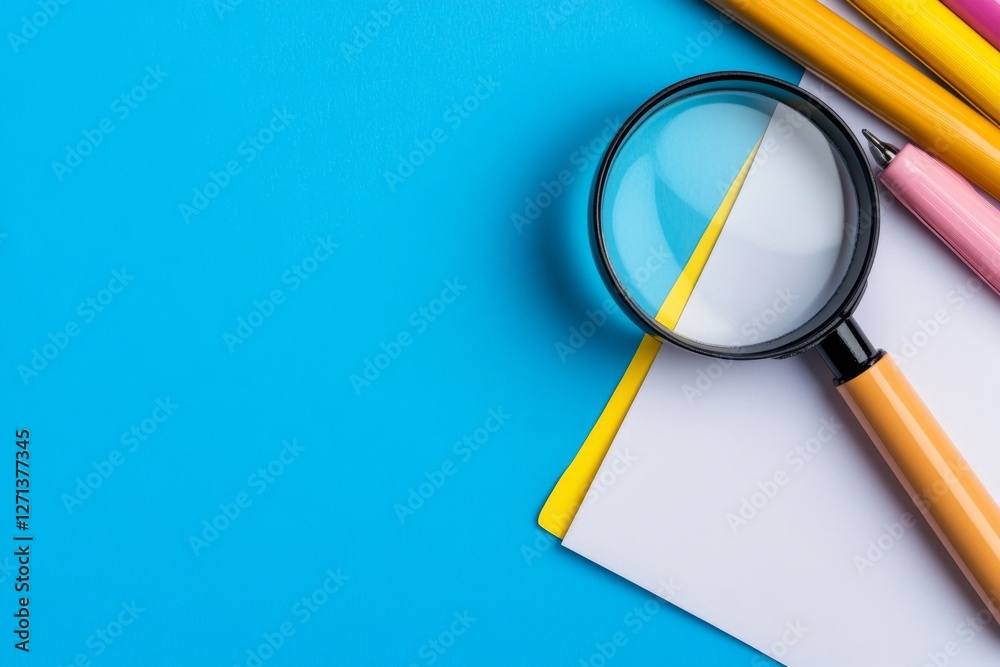 Poster a clean minimalist icon of a magnifying glass over a document, symbolizing research methods