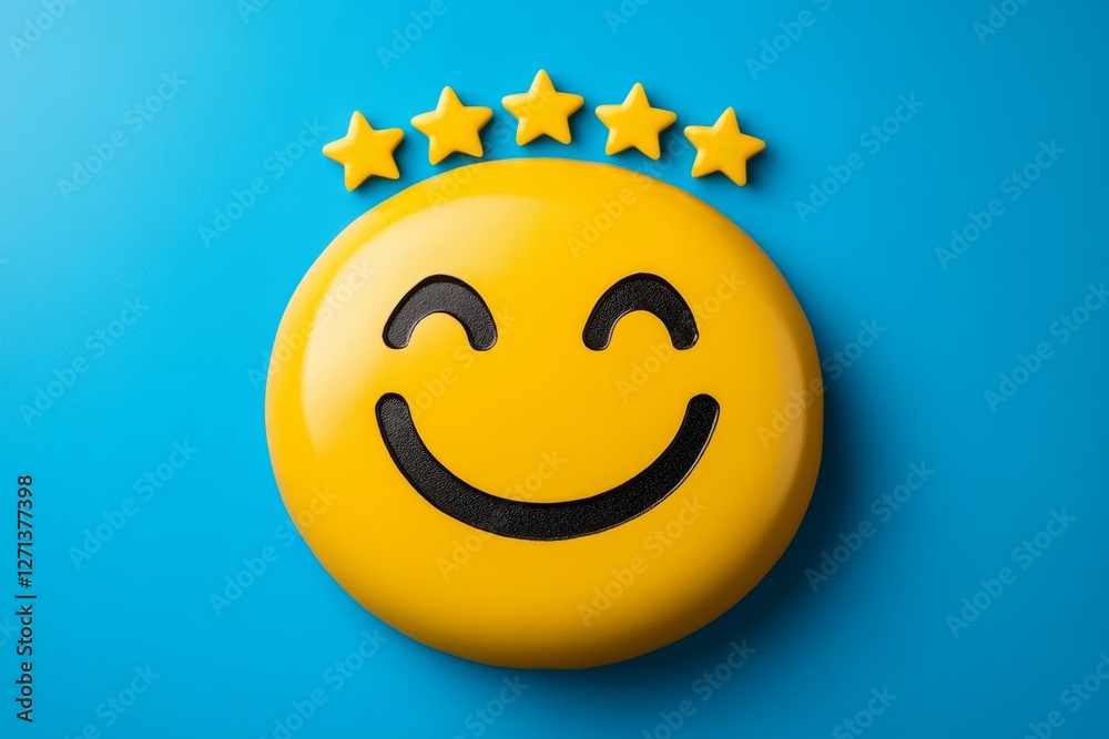 Poster a clean minimalist icon of a smiling face with five stars above it, symbolizing customer satisfactio