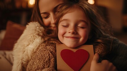 Happy daughter hugging her mother and holding a greeting card with red heart for mother's day