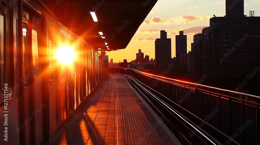 Poster Stunning sunset view at subway station with sun rays illuminating the platform and surrounding skyline : Generative AI