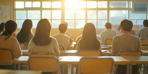 Students seated at desks facing front with chairs, waiting for class to begin. Sunlight streaming through windows illuminates the scene.
