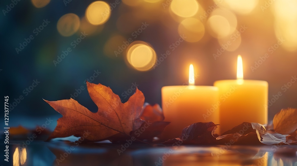 Leinwandbilder elegant glowing candles with autumn leaves creating a warm and inviting ambiance in a soft bokeh bac