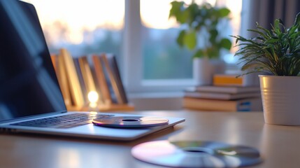 Sunset Glow on Home Office Desk: Laptop, CDs, Plants, and Books