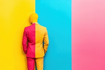Surreal colorful fashion concept with split suit vibrant background