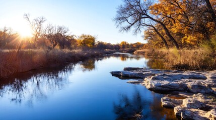 Fototapeta premium Breathtaking river scene at sunset with vibrant autumn foliage reflecting on calm water : Generative AI