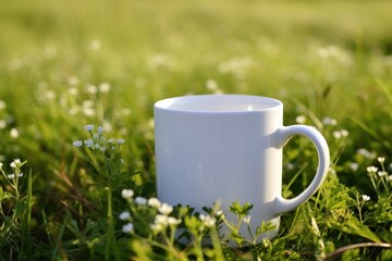 Obraz premium Mug with label packaging flower coffee grass.