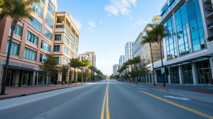 Empty city street with modern buildings, clear roads, and clear skies creating a peaceful atmosphere
