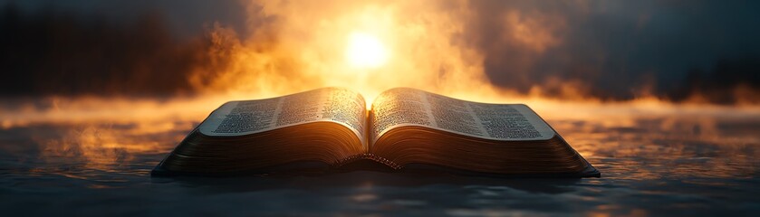 A majestic sunrise bathes a Bible silhouette in golden light, representing spiritual awakening, divine presence, and celestial wisdom, hyperrealistic, volumetric lighting, 8K
