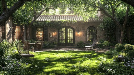 Obraz premium Sunny, secluded courtyard house; garden patio with lush greenery