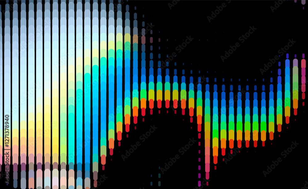 Poster Colorful vertical bars in a wave-like pattern create a vibrant, rhythmic display on a black background, resembling a soundwave equalizer with a spectrum of rainbow hues.