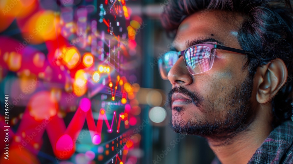 Leinwandbilder A man with glasses focuses on colorful data visualizations displayed on a screen in a contemporary office. The lighting creates a vibrant atmosphere around him.