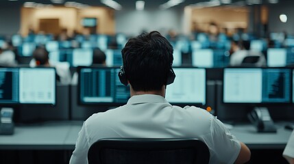 A focused individual in a headset works at a modern office, surrounded by multiple computer screens displaying data in a busy, collaborative environment.