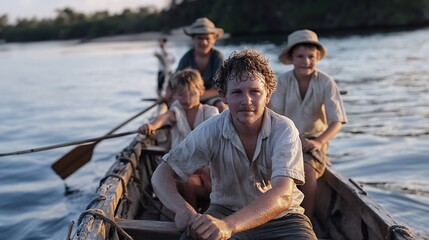 Group of young boys rowing a wooden boat on a serene waterway capturing childhood adventure and teamwork : Generative AI