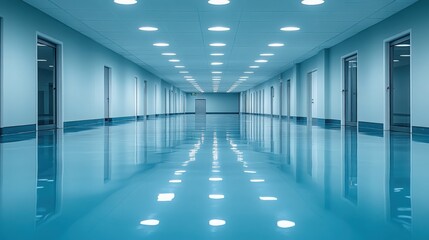 Fototapeta premium Bright and Modern Corridor with Reflections and Blue Lighting