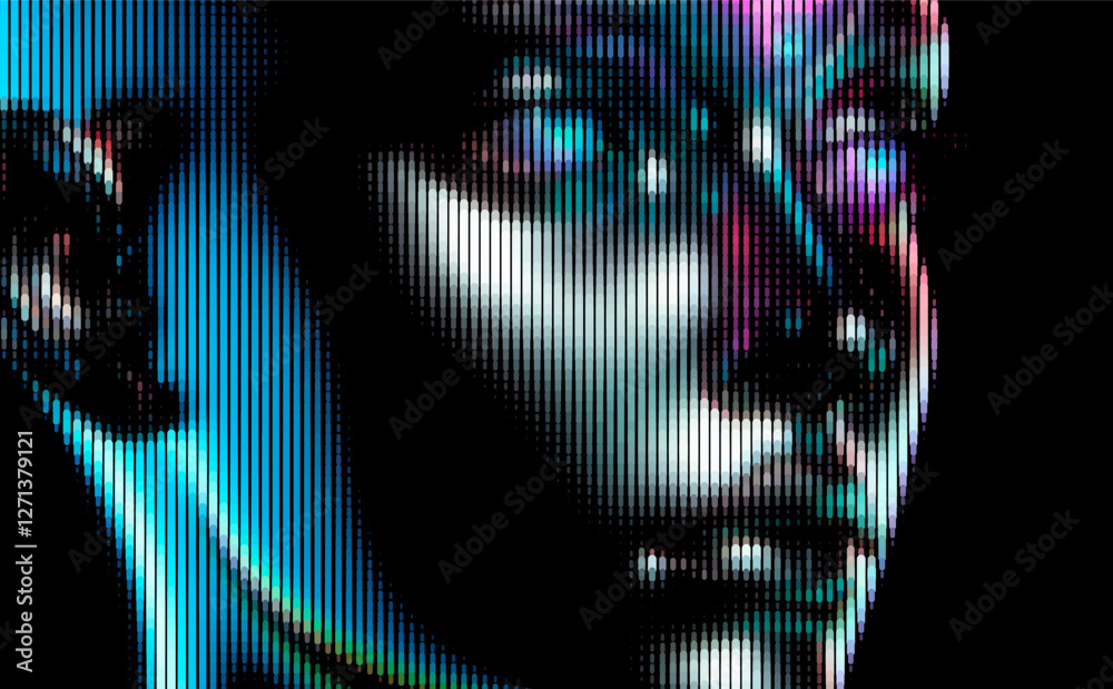 Poster futuristic face is depicted with vertical lines and iridescent colors, creating a digital, metallic 