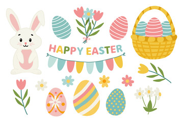 Cute Easter clip art set, Easter bunny, flowers, painted Easter eggs, festive garland, basket with eggs and text Happy Easter. Isolated on white background. Flat vector illustration