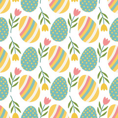 Seamless Easter pattern with painted eggs, tulips on white background. Perfect for wrapping paper, fabric, textiles, invitations, and spring-themed designs. Vector Easters illustration. Happy Easter.