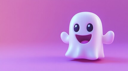 Fototapeta premium Happy ghost cartoon character on purple background, Halloween design.