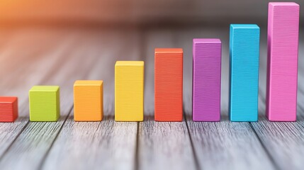 Colorful blocks arranged in ascending order symbolize growth and progress on a wooden surface, reflecting financial or personal development trends.