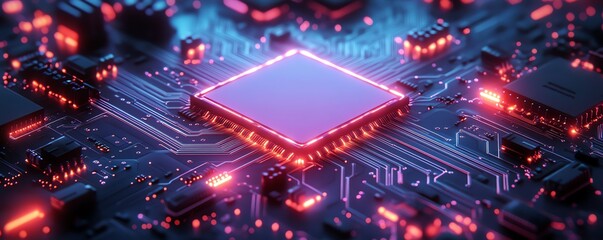 Obraz premium An intricate electronic circuit board glowing against a futuristic digital background