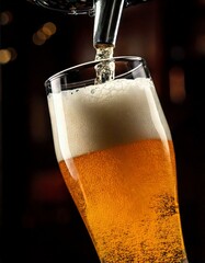 Close-up of golden draft beer being poured from a tap into a tilted glass, creating a frothy head, against a dark background.