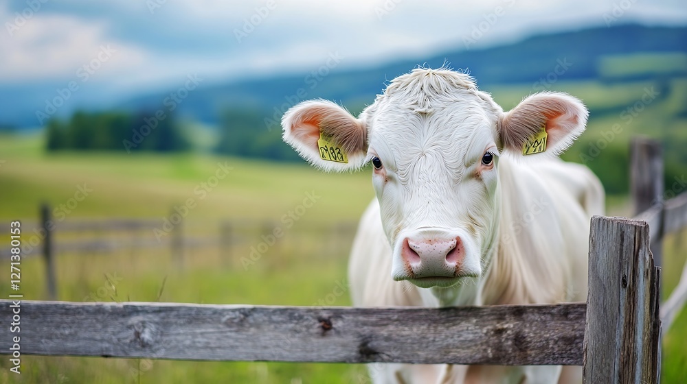 Poster a closeup of a dairy cow looking curiously through a rustic wooden fence on a green farm : generativ