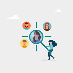 Manager with magnifying glass focuses on clients. Customer-centric marketing strategy for product and service development. Vector illustration.	