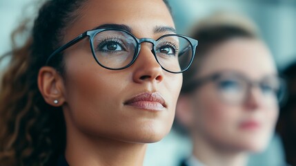 A focused woman with glasses gazes thoughtfully, suggesting engagement and intelligence, while another woman is seen in the background.