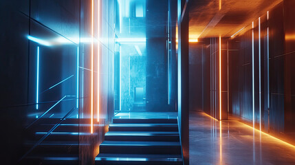 Futuristic Hallway with Neon Lights and Sleek Black Walls
