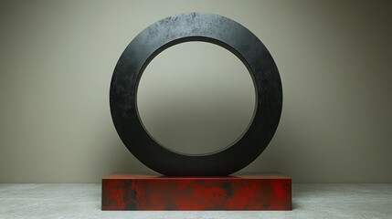 Abstract Black Circle Sculpture on Red Base Against Wall