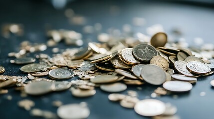 A closeup view of a pile of assorted coins on a dark surface showcasing their unique designs and textures : Generative AI