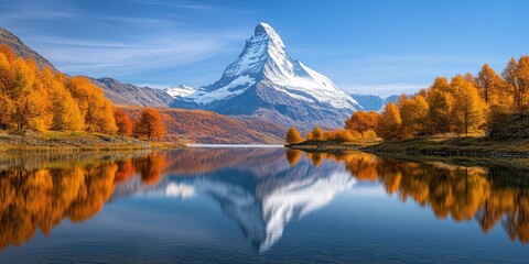 Obraz premium Autumnal lake with snow-capped mountain in the background. Reflection of mountain and fall colors on water.