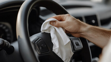 Naklejka premium Person wiping down car steering wheel with cloth