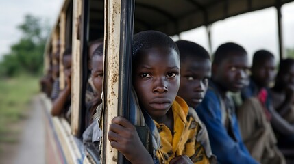Fototapeta premium Boys gazing out from a bus window highlighting a sense of longing and curiosity in their eyes : Generative AI