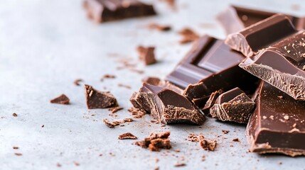 Fototapeta premium Delicious dark chocolate pieces scattered on a textured surface showcasing indulgent sweetness : Generative AI