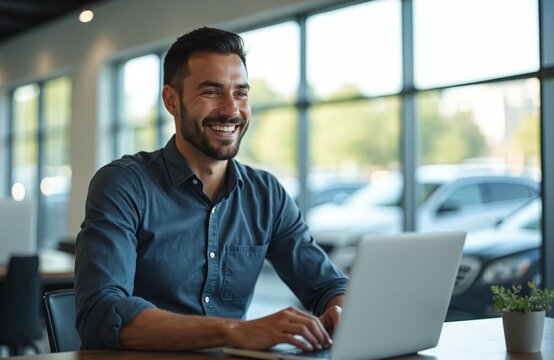Smiling businessman using laptop at work desk in car dealership office. Professional manager sitting at table. Happy worker looks aside. Success in cyberspace. Car sales business.