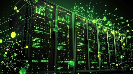 Data Center with Server Racks and Digital Connections Visualization