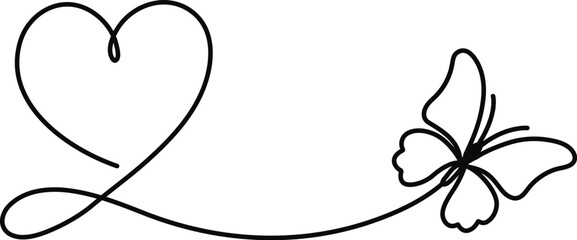 Love Heart and Butterfly Elegance continuous line drawing clipart. 