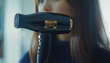 Stylish Woman Using Modern Hair Dryer in Bright Indoor Setting