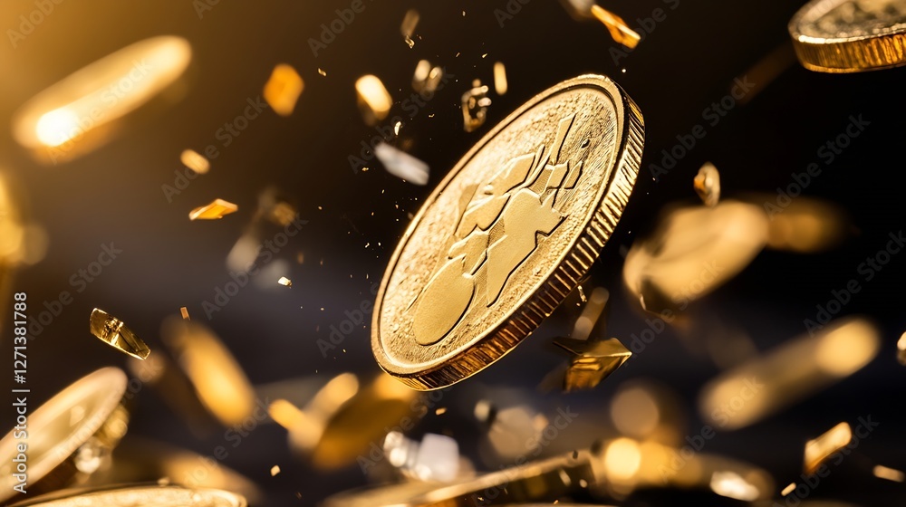 Leinwandbilder flying coins reflecting light in dynamic motion creating a vibrant financial scene : generative ai