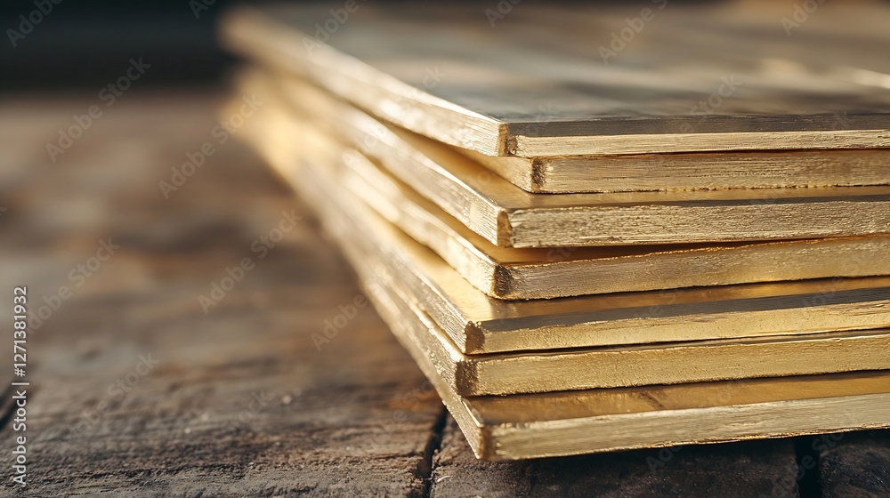 Poster stack of goldencolored sheets placed on a wooden surface for decoration or crafting ideas : generati