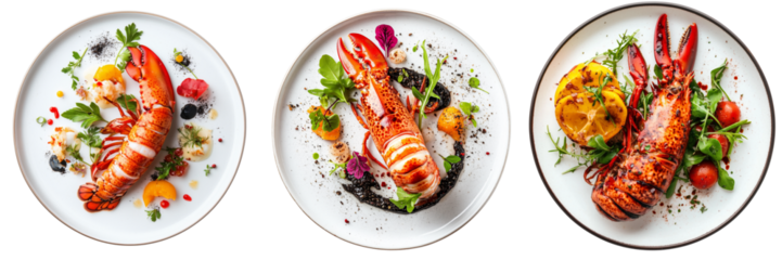 Set of A whole lobster served on a plate with melted butter and a side of garlic bread on transparent png background. Ai generated