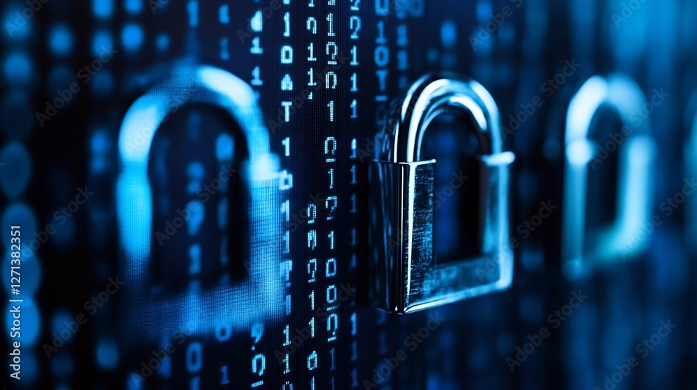 Fototapete Multiple shiny metal padlocks on digital background representing security in the data world : Generative AI