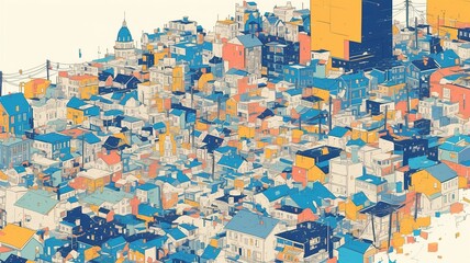 Naklejka premium Colorful city aerial view, houses, urban landscape, illustration