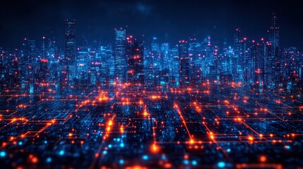 Futuristic Cityscape at Night with Neon Lights and Digital Network