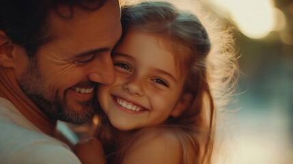 Father and daughter smiling and embracing outdoors, enjoying a tender moment of affection and complicity
