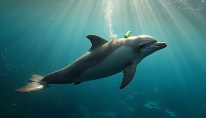 Fototapeta premium Dolphin Swimming with Plastic Bottle on Its Back