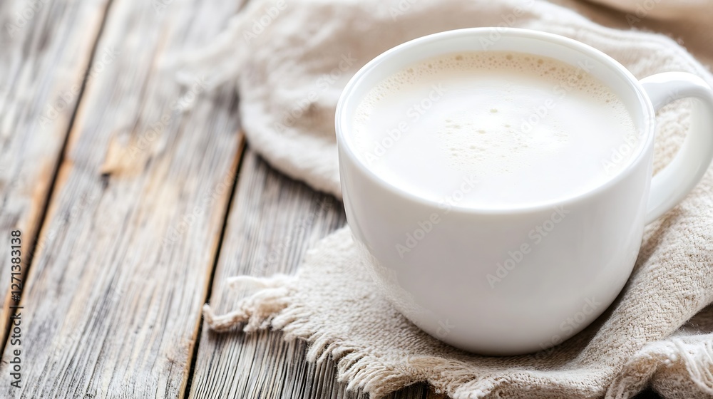 Poster delicate white cup filled with creamy coffee resting on a rustic wooden table close up : generative 